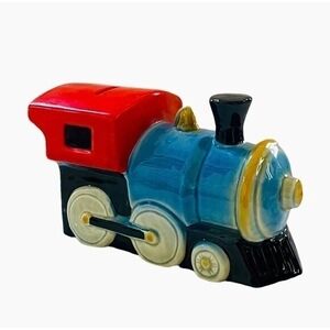 Vintage GOEBEL W Germany Train Engine Ceramic Piggy Bank 6x4x3" Red Blue Black
